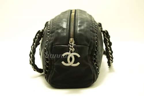 Authentic CHANEL Luxury Line Chain Handbag Bag Black Lambskin Leather Silver f33